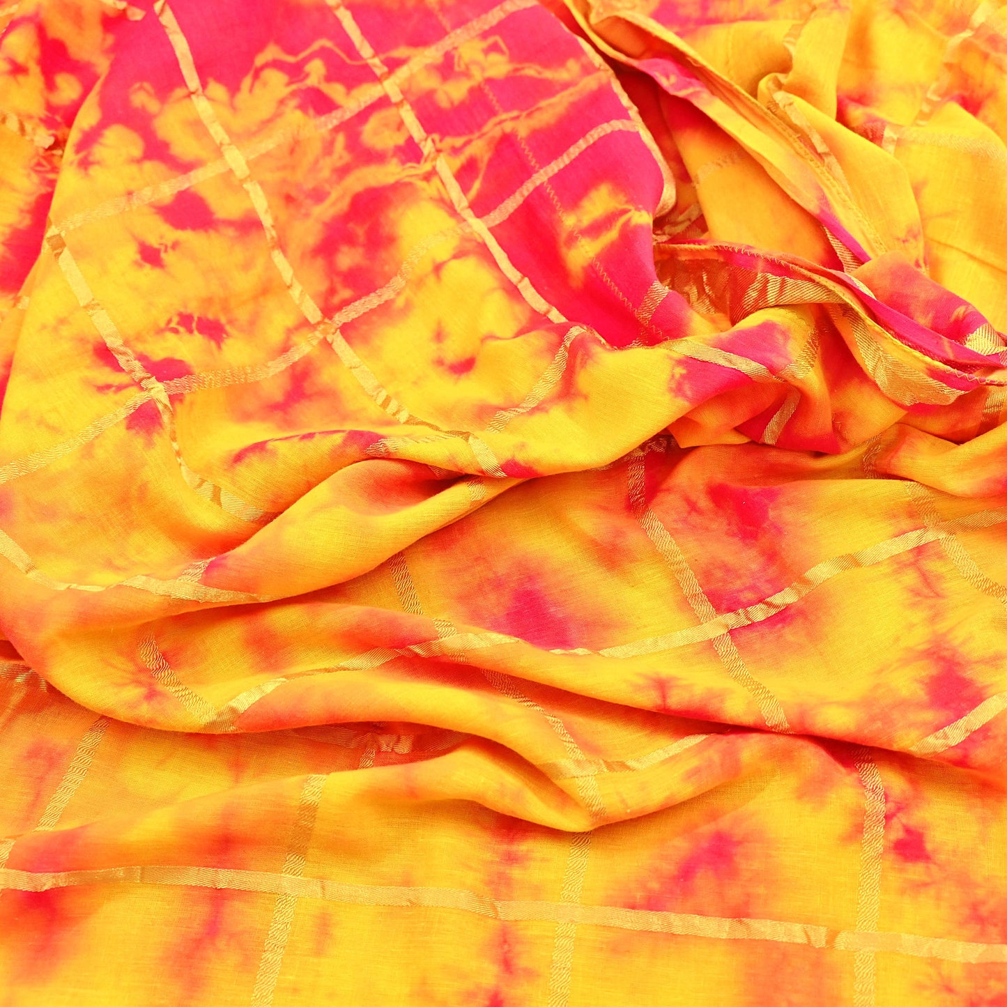 Indian Vintage Yellow & Pink Saree Pure Cotton Bandhani Print Woven Sari Craft Soft Fabric 5Yd Sewing Sarong Wrap Boho Abstract Design