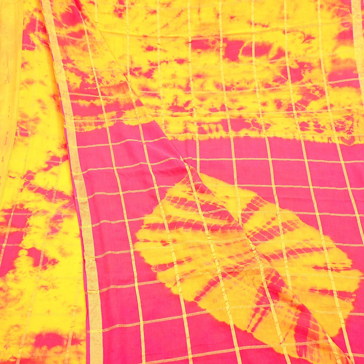 Indian Vintage Yellow & Pink Saree Pure Cotton Bandhani Print Woven Sari Craft Soft Fabric 5Yd Sewing Sarong Wrap Boho Abstract Design