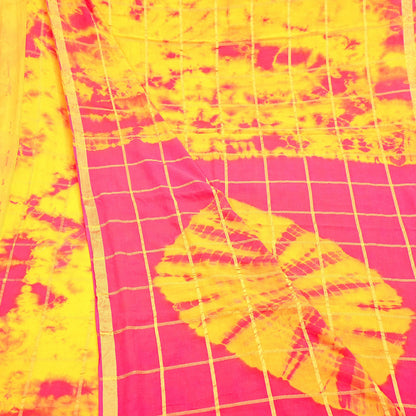 Indian Vintage Yellow & Pink Saree Pure Cotton Bandhani Print Woven Sari Craft Soft Fabric 5Yd Sewing Sarong Wrap Boho Abstract Design