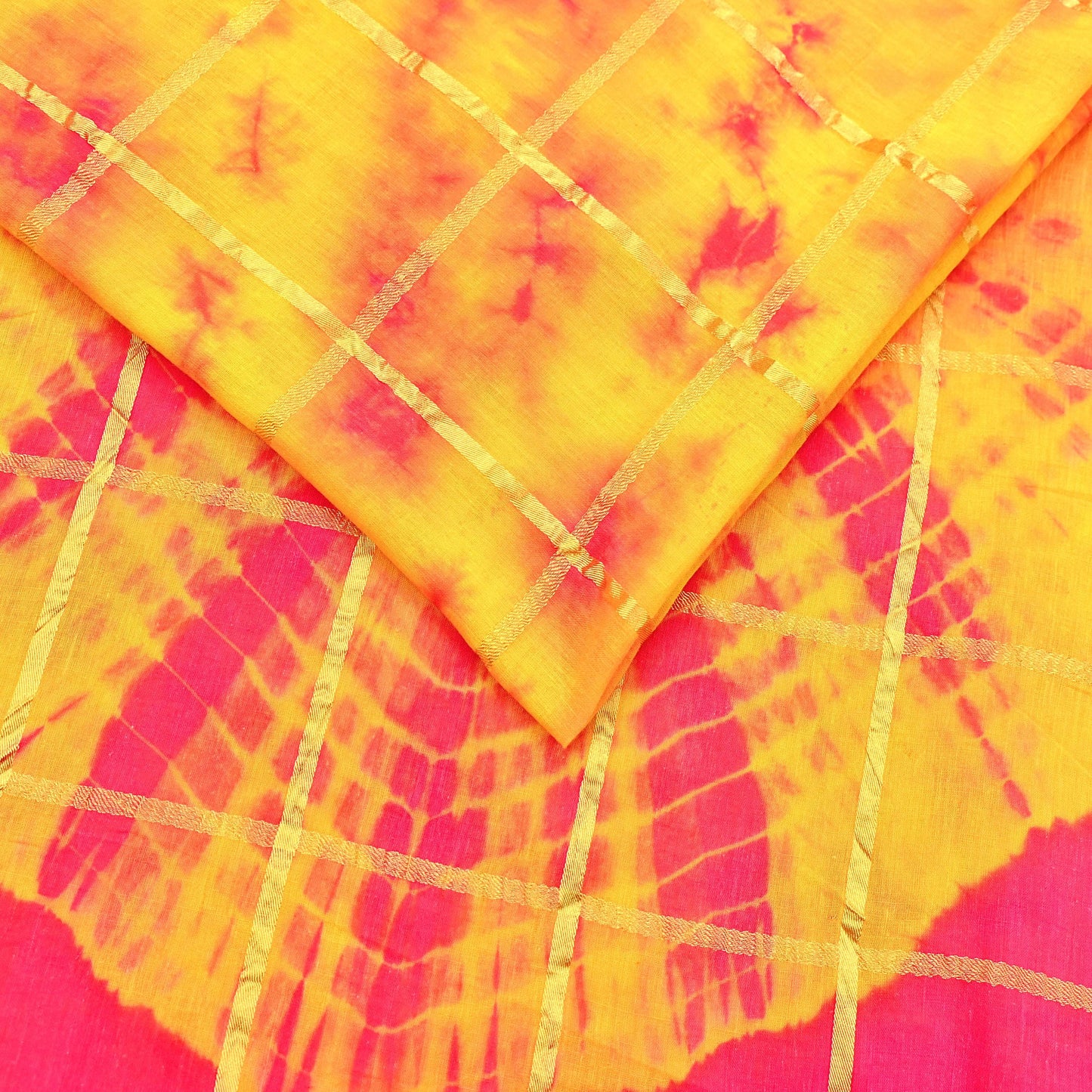 Indian Vintage Yellow & Pink Saree Pure Cotton Bandhani Print Woven Sari Craft Soft Fabric 5Yd Sewing Sarong Wrap Boho Abstract Design