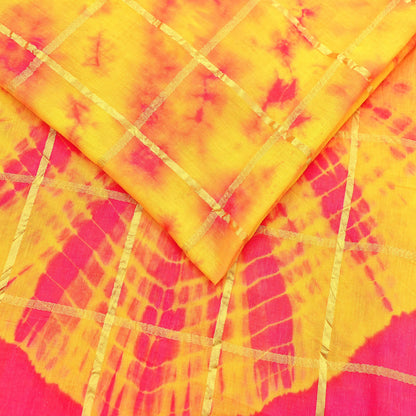 Indian Vintage Yellow & Pink Saree Pure Cotton Bandhani Print Woven Sari Craft Soft Fabric 5Yd Sewing Sarong Wrap Boho Abstract Design