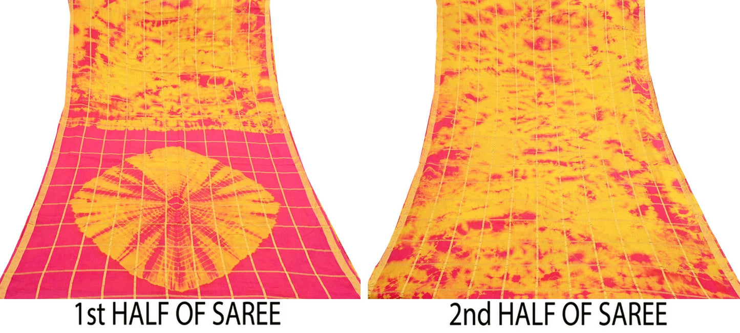 Indian Vintage Yellow & Pink Saree Pure Cotton Bandhani Print Woven Sari Craft Soft Fabric 5Yd Sewing Sarong Wrap Boho Abstract Design