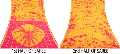 Indian Vintage Yellow & Pink Saree Pure Cotton Bandhani Print Woven Sari Craft Soft Fabric 5Yd Sewing Sarong Wrap Boho Abstract Design