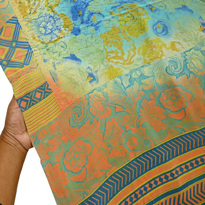 Indian Vintage Sari Green & orange Pure Crepe Silk Block Printed Sarees 6yd Sewing Floral Craft Fabric Wrap Dress Making Crafting Quilting