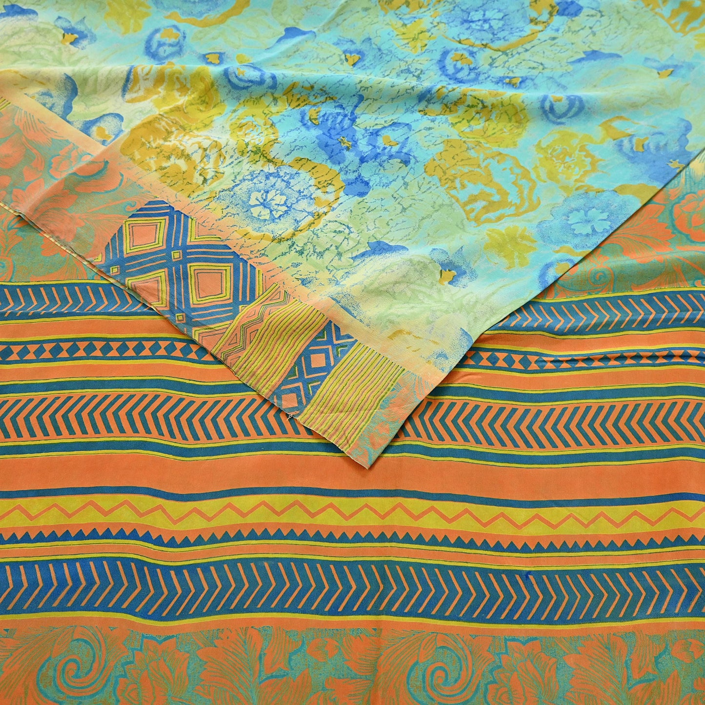 Indian Vintage Sari Green & orange Pure Crepe Silk Block Printed Sarees 6yd Sewing Floral Craft Fabric Wrap Dress Making Crafting Quilting