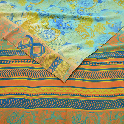 Indian Vintage Sari Green & orange Pure Crepe Silk Block Printed Sarees 6yd Sewing Floral Craft Fabric Wrap Dress Making Crafting Quilting