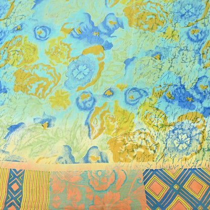 Indian Vintage Sari Green & orange Pure Crepe Silk Block Printed Sarees 6yd Sewing Floral Craft Fabric Wrap Dress Making Crafting Quilting