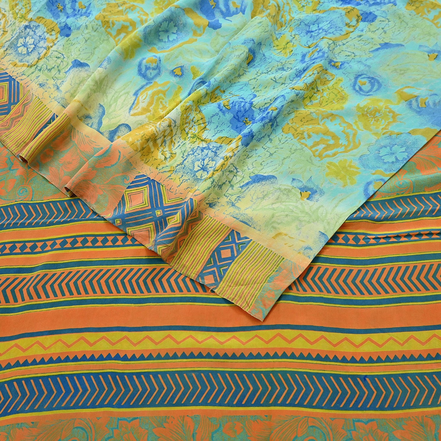 Indian Vintage Sari Green & orange Pure Crepe Silk Block Printed Sarees 6yd Sewing Floral Craft Fabric Wrap Dress Making Crafting Quilting