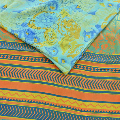 Indian Vintage Sari Green & orange Pure Crepe Silk Block Printed Sarees 6yd Sewing Floral Craft Fabric Wrap Dress Making Crafting Quilting