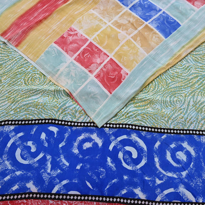 Indian Vintage Sari Multi Pure Crepe Silk Printed Saree 5yard Sewing Geometric Craft Fabric Wrap Dress Making Crafting Quilting