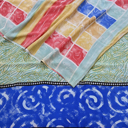 Indian Vintage Sari Multi Pure Crepe Silk Printed Saree 5yard Sewing Geometric Craft Fabric Wrap Dress Making Crafting Quilting