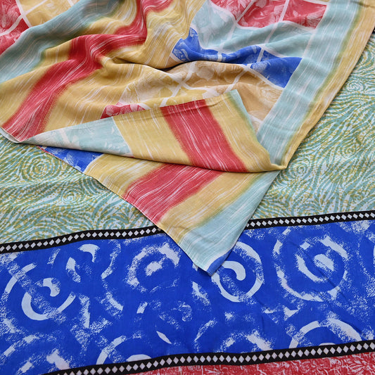 Indian Vintage Sari Multi Pure Crepe Silk Printed Saree 5yard Sewing Geometric Craft Fabric Wrap Dress Making Crafting Quilting
