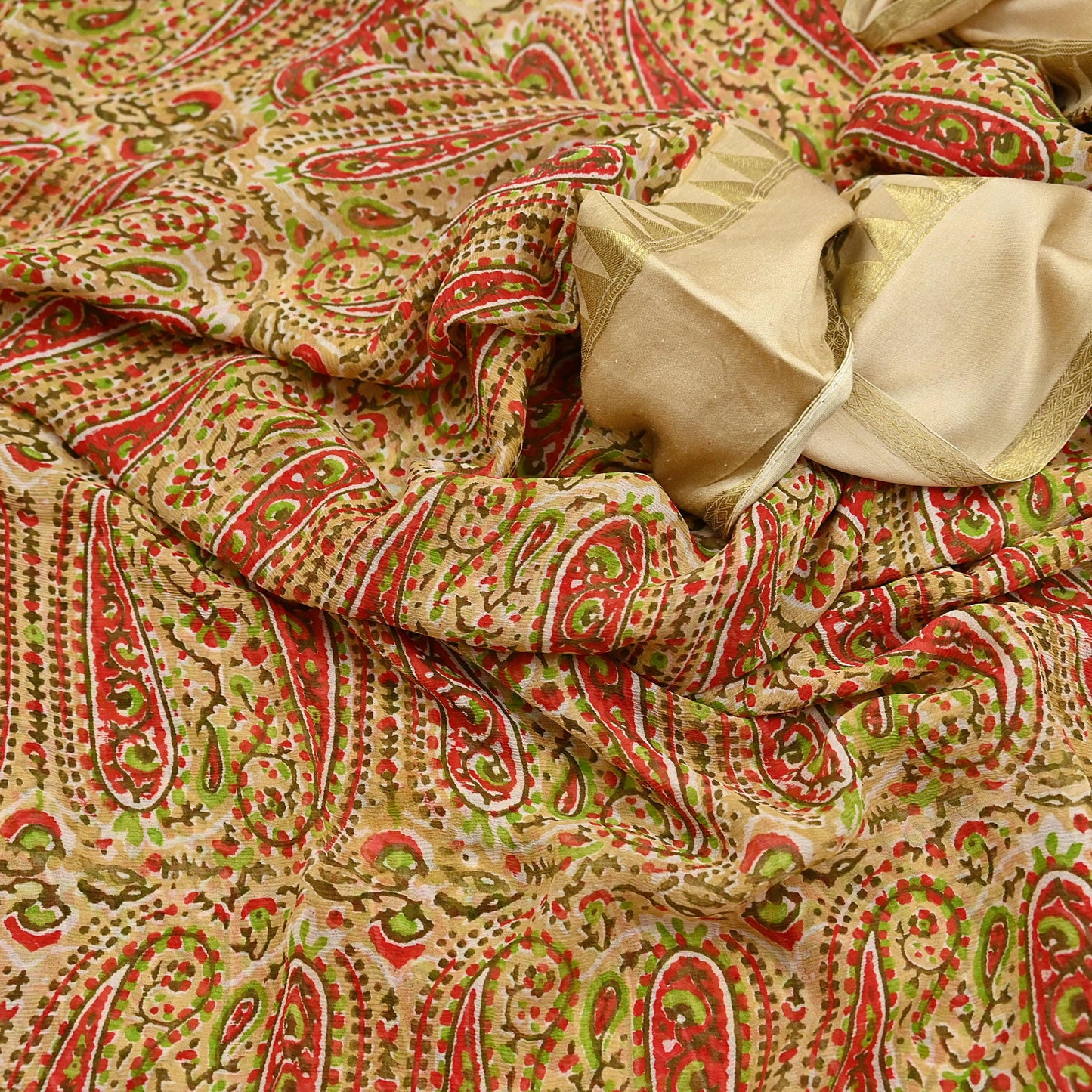 Women Vintage Sari Beige Pure Chiffon Silk Printed Saree Craft Fabric Sewing 5Yard Soft Light Dress Making Floral Zari