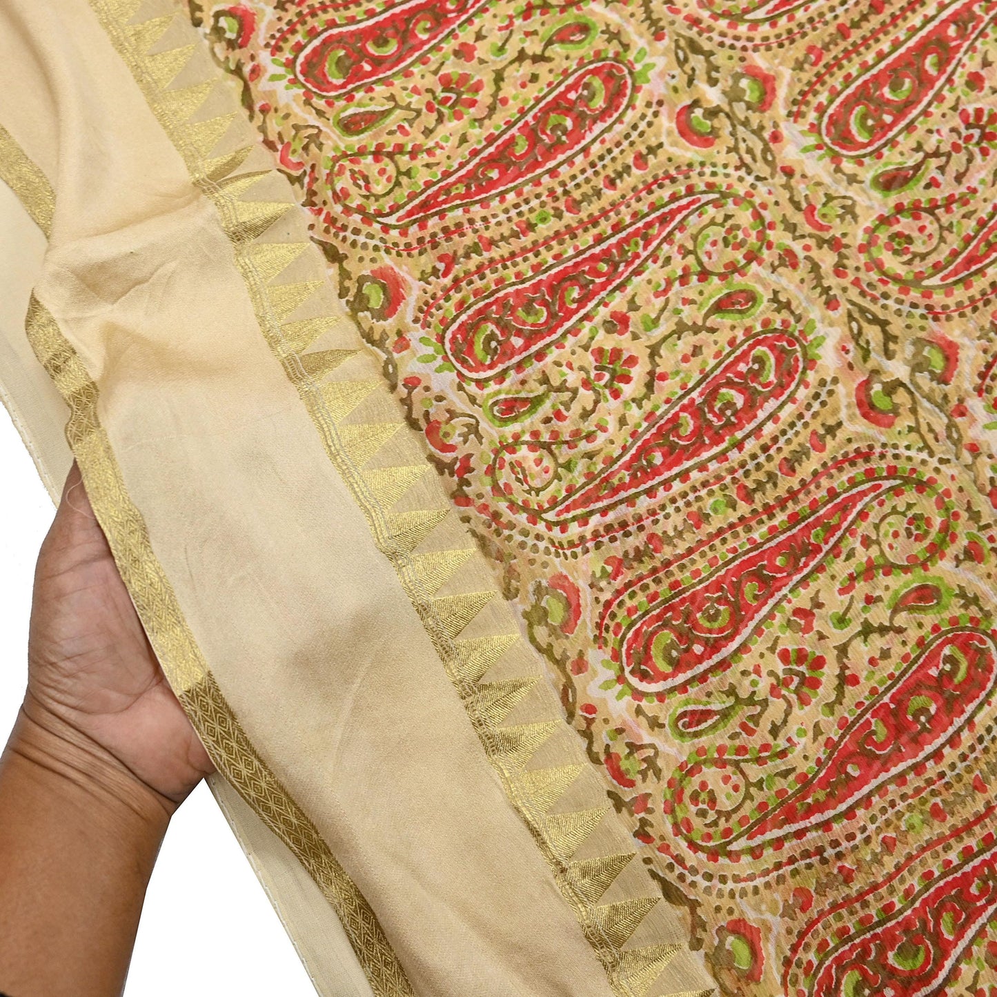 Women Vintage Sari Beige Pure Chiffon Silk Printed Saree Craft Fabric Sewing 5Yard Soft Light Dress Making Floral Zari