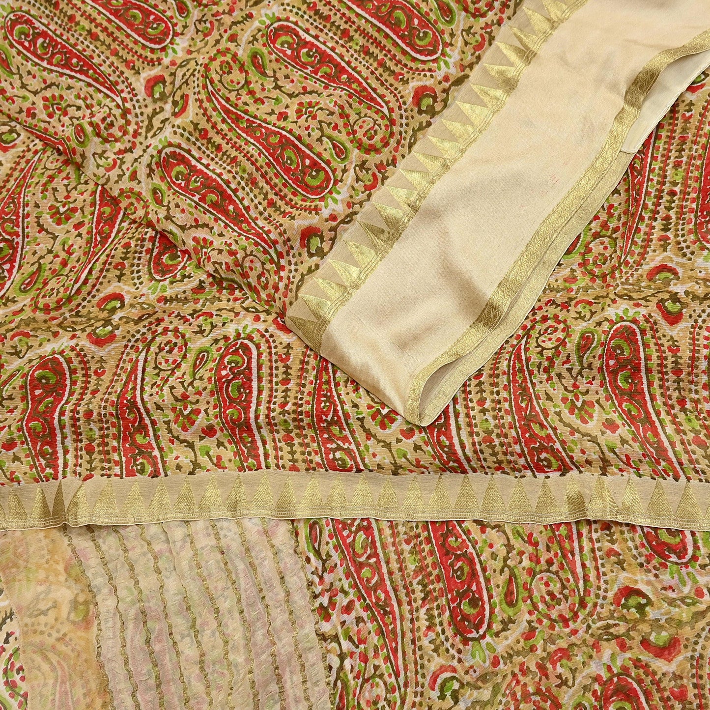 Women Vintage Sari Beige Pure Chiffon Silk Printed Saree Craft Fabric Sewing 5Yard Soft Light Dress Making Floral Zari