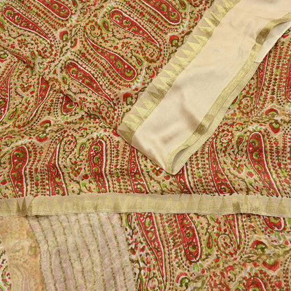 Women Vintage Sari Beige Pure Chiffon Silk Printed Saree Craft Fabric Sewing 5Yard Soft Light Dress Making Floral Zari