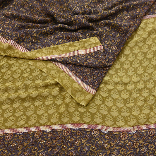 Indian Vintage Sari gray & green 100% Pure Georgette Silk Block Printed Sarees Sewing 6yd Craft Soft Dress Designing for Crafting Floral