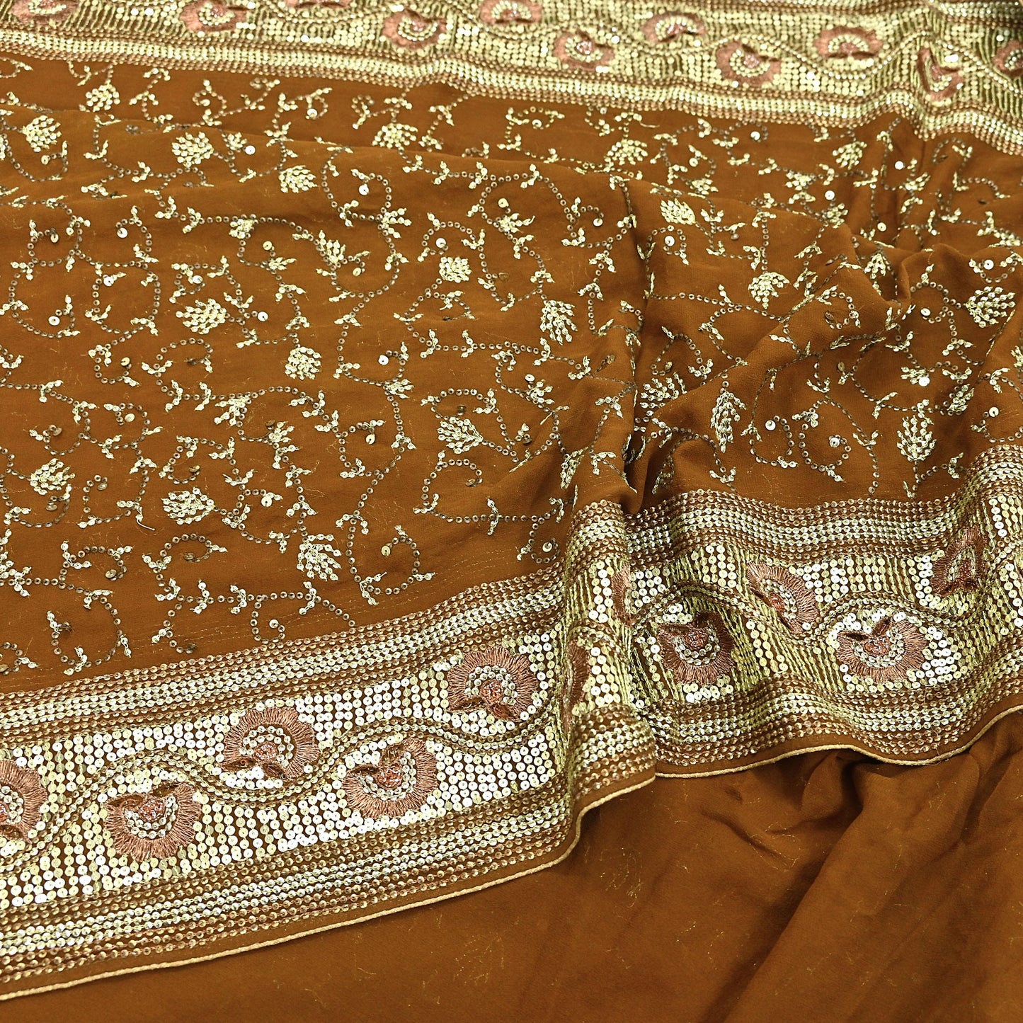 Indian Vintage Heavy Sarees Mustard Pure Georgette Silk Hand Embroidered Sari Fabric 6Yd Sewing Ethnic zari with blouse fabric