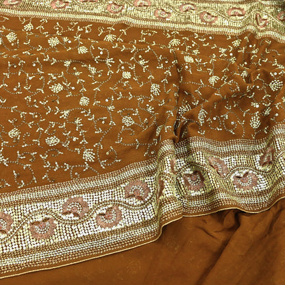 Indian Vintage Heavy Sarees Mustard Pure Georgette Silk Hand Embroidered Sari Fabric 6Yd Sewing Ethnic zari with blouse fabric