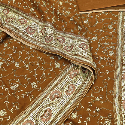 Indian Vintage Heavy Sarees Mustard Pure Georgette Silk Hand Embroidered Sari Fabric 6Yd Sewing Ethnic zari with blouse fabric