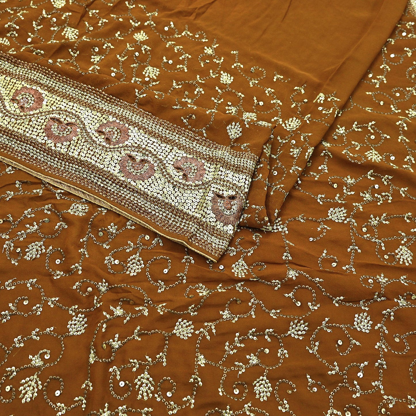 Indian Vintage Heavy Sarees Mustard Pure Georgette Silk Hand Embroidered Sari Fabric 6Yd Sewing Ethnic zari with blouse fabric
