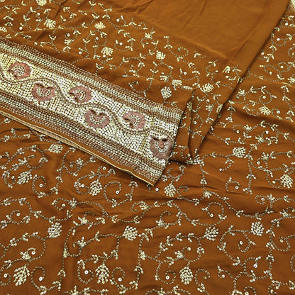 Indian Vintage Heavy Sarees Mustard Pure Georgette Silk Hand Embroidered Sari Fabric 6Yd Sewing Ethnic zari with blouse fabric