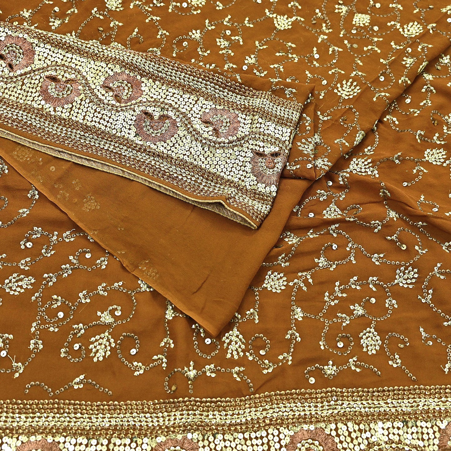 Indian Vintage Heavy Sarees Mustard Pure Georgette Silk Hand Embroidered Sari Fabric 6Yd Sewing Ethnic zari with blouse fabric