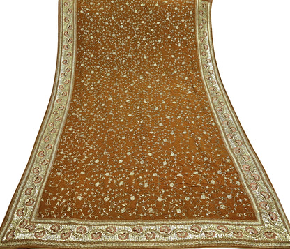 Indian Vintage Heavy Sarees Mustard Pure Georgette Silk Hand Embroidered Sari Fabric 6Yd Sewing Ethnic zari with blouse fabric