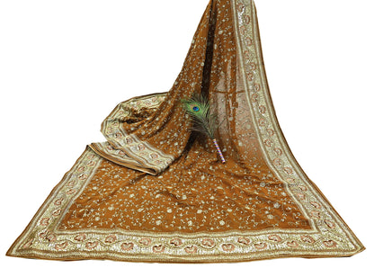 Indian Vintage Heavy Sarees Mustard Pure Georgette Silk Hand Embroidered Sari Fabric 6Yd Sewing Ethnic zari with blouse fabric