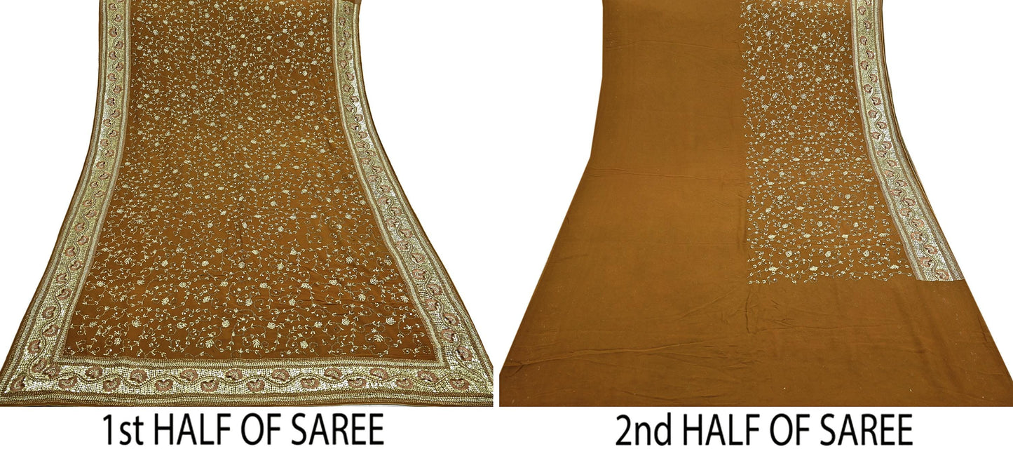 Indian Vintage Heavy Sarees Mustard Pure Georgette Silk Hand Embroidered Sari Fabric 6Yd Sewing Ethnic zari with blouse fabric