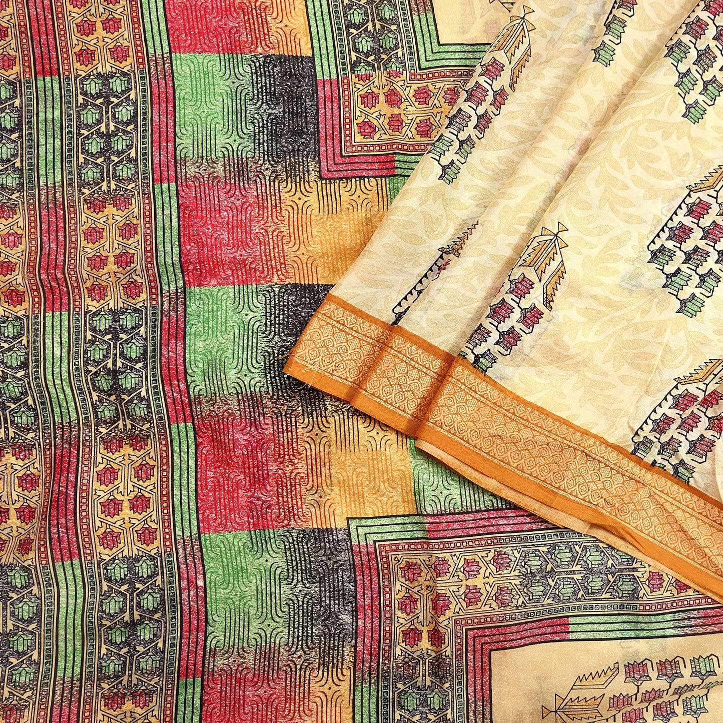 Vintage Sari Beige Pure Silk Printed Saree Fabric 5yard Sewing Soft Dress Designing for Crafting Quilting Upcycle Soft Border
