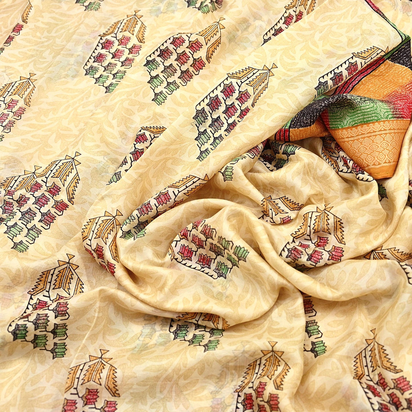 Vintage Sari Beige Pure Silk Printed Saree Fabric 5yard Sewing Soft Dress Designing for Crafting Quilting Upcycle Soft Border