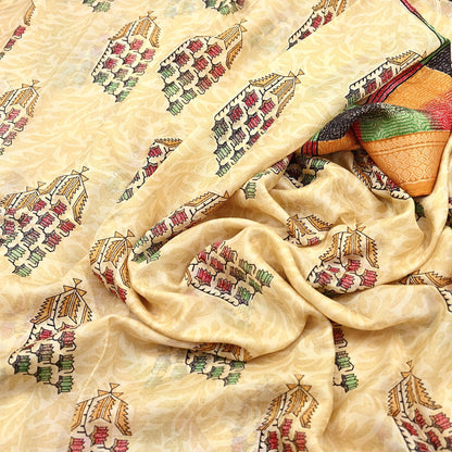 Vintage Sari Beige Pure Silk Printed Saree Fabric 5yard Sewing Soft Dress Designing for Crafting Quilting Upcycle Soft Border