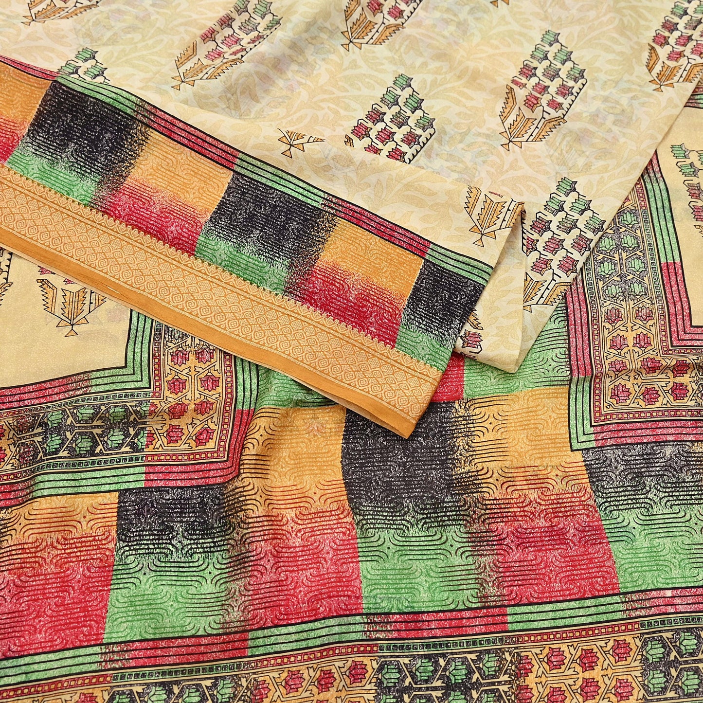 Vintage Sari Beige Pure Silk Printed Saree Fabric 5yard Sewing Soft Dress Designing for Crafting Quilting Upcycle Soft Border