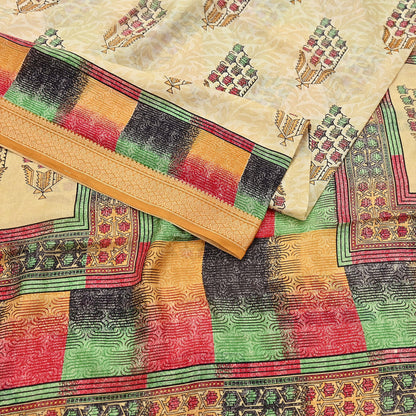 Vintage Sari Beige Pure Silk Printed Saree Fabric 5yard Sewing Soft Dress Designing for Crafting Quilting Upcycle Soft Border