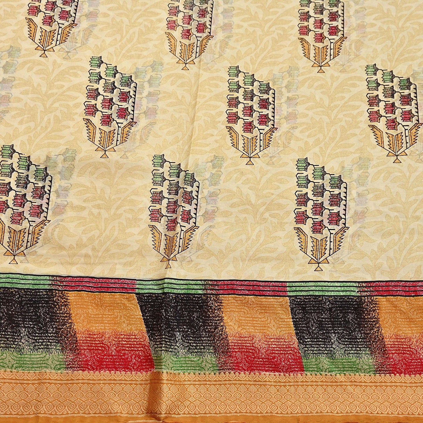 Vintage Sari Beige Pure Silk Printed Saree Fabric 5yard Sewing Soft Dress Designing for Crafting Quilting Upcycle Soft Border