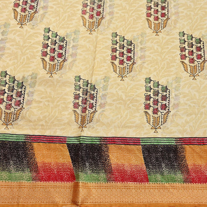 Vintage Sari Beige Pure Silk Printed Saree Fabric 5yard Sewing Soft Dress Designing for Crafting Quilting Upcycle Soft Border