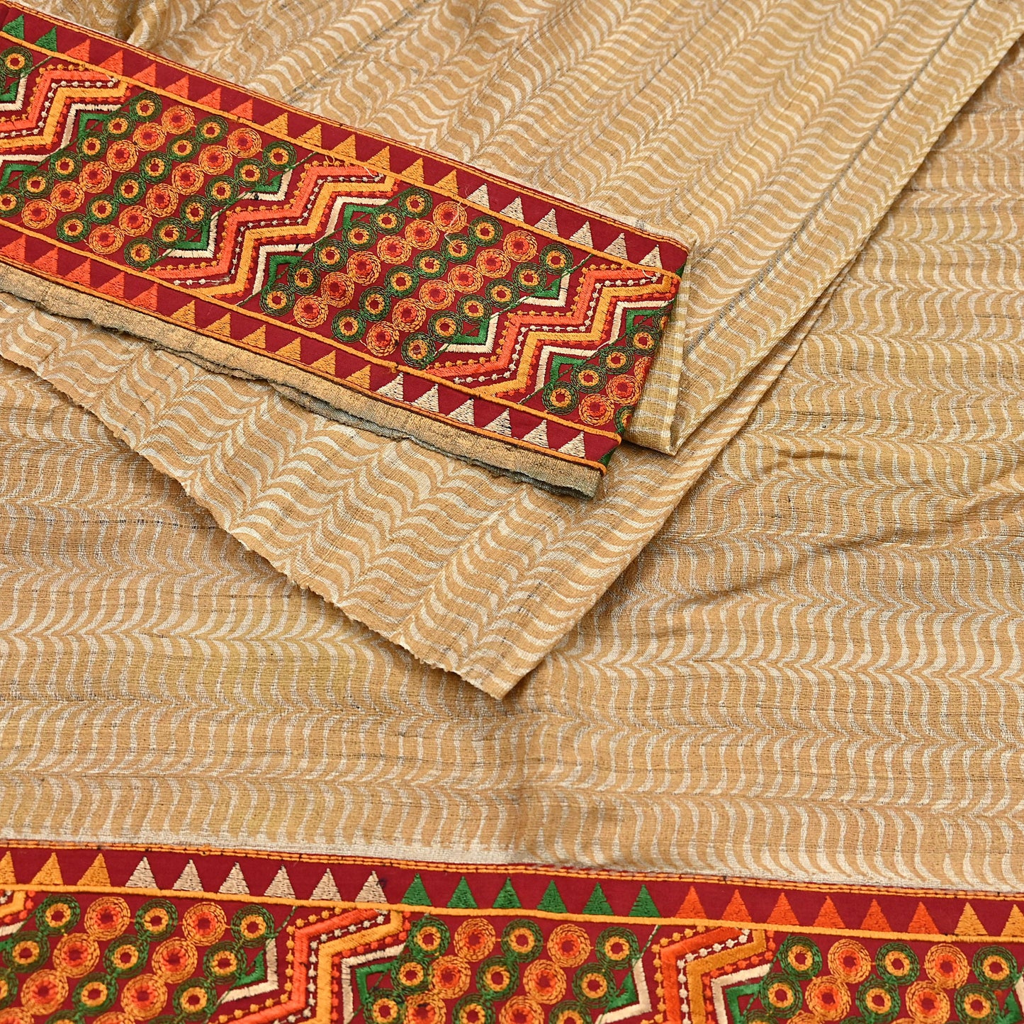 Indian Vintage Beige Saree Pure Khadi Silk Handloom Hand Beaded Sari Craft Fabric 5yd Ethnic Fringes Dress making Crafting Quilting