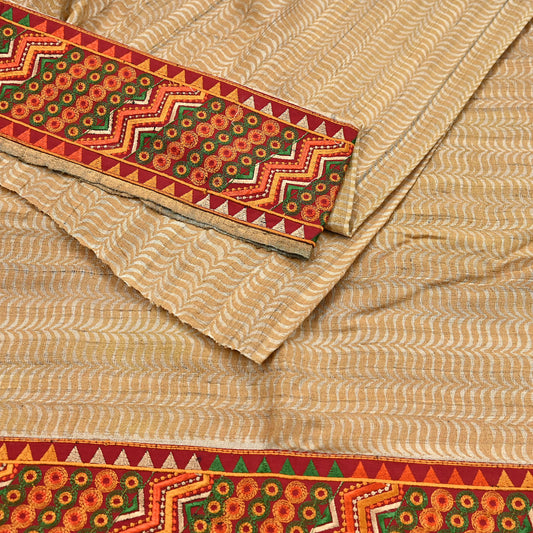 Indian Vintage Beige Saree Pure Khadi Silk Handloom Hand Beaded Sari Craft Fabric 5yd Ethnic Fringes Dress making Crafting Quilting