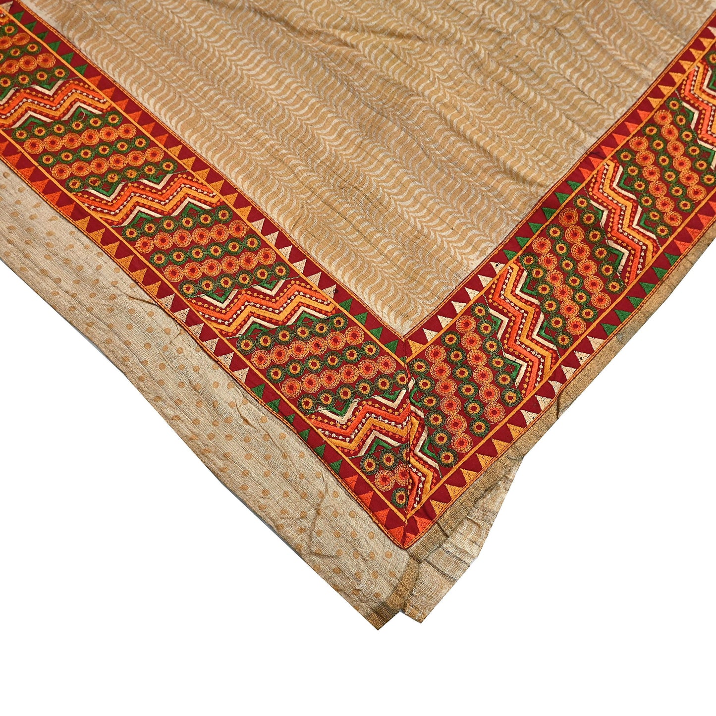 Indian Vintage Beige Saree Pure Khadi Silk Handloom Hand Beaded Sari Craft Fabric 5yd Ethnic Fringes Dress making Crafting Quilting