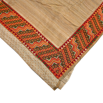 Indian Vintage Beige Saree Pure Khadi Silk Handloom Hand Beaded Sari Craft Fabric 5yd Ethnic Fringes Dress making Crafting Quilting
