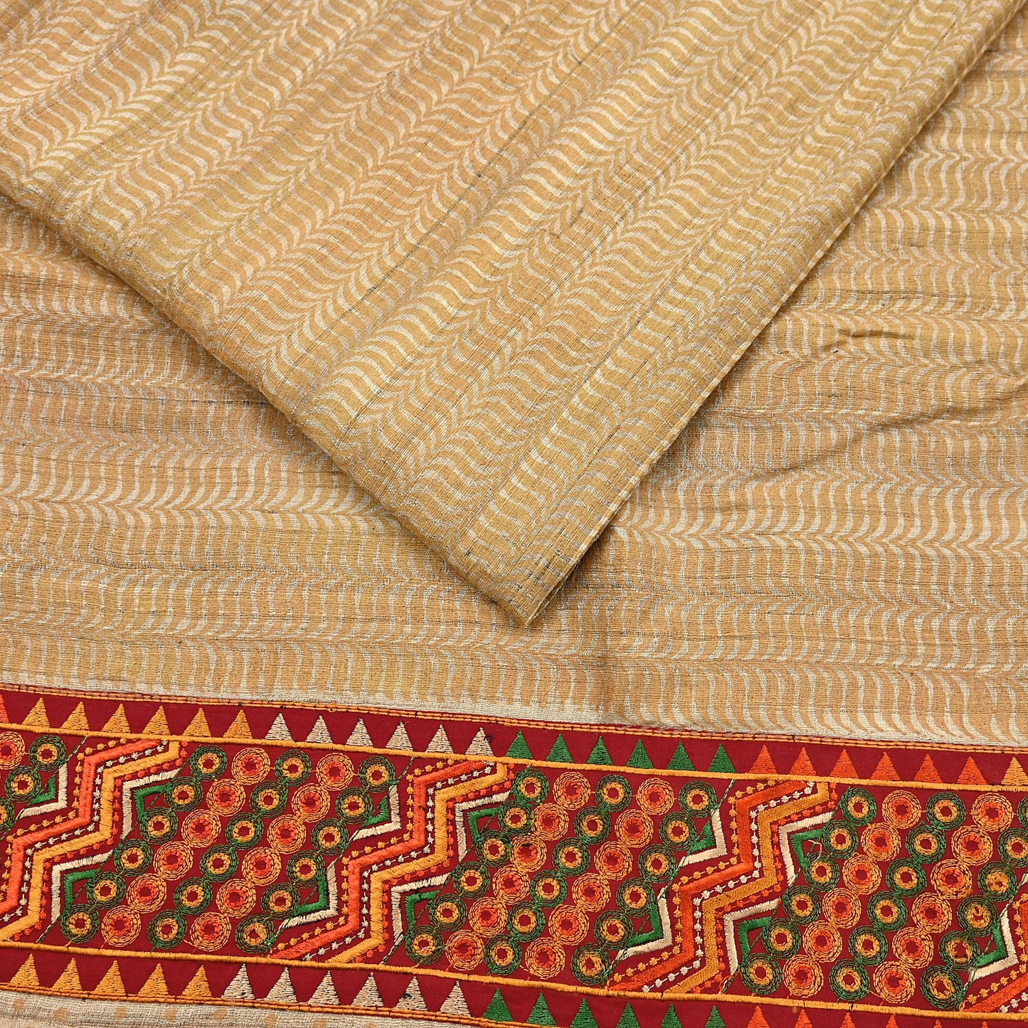 Indian Vintage Beige Saree Pure Khadi Silk Handloom Hand Beaded Sari Craft Fabric 5yd Ethnic Fringes Dress making Crafting Quilting