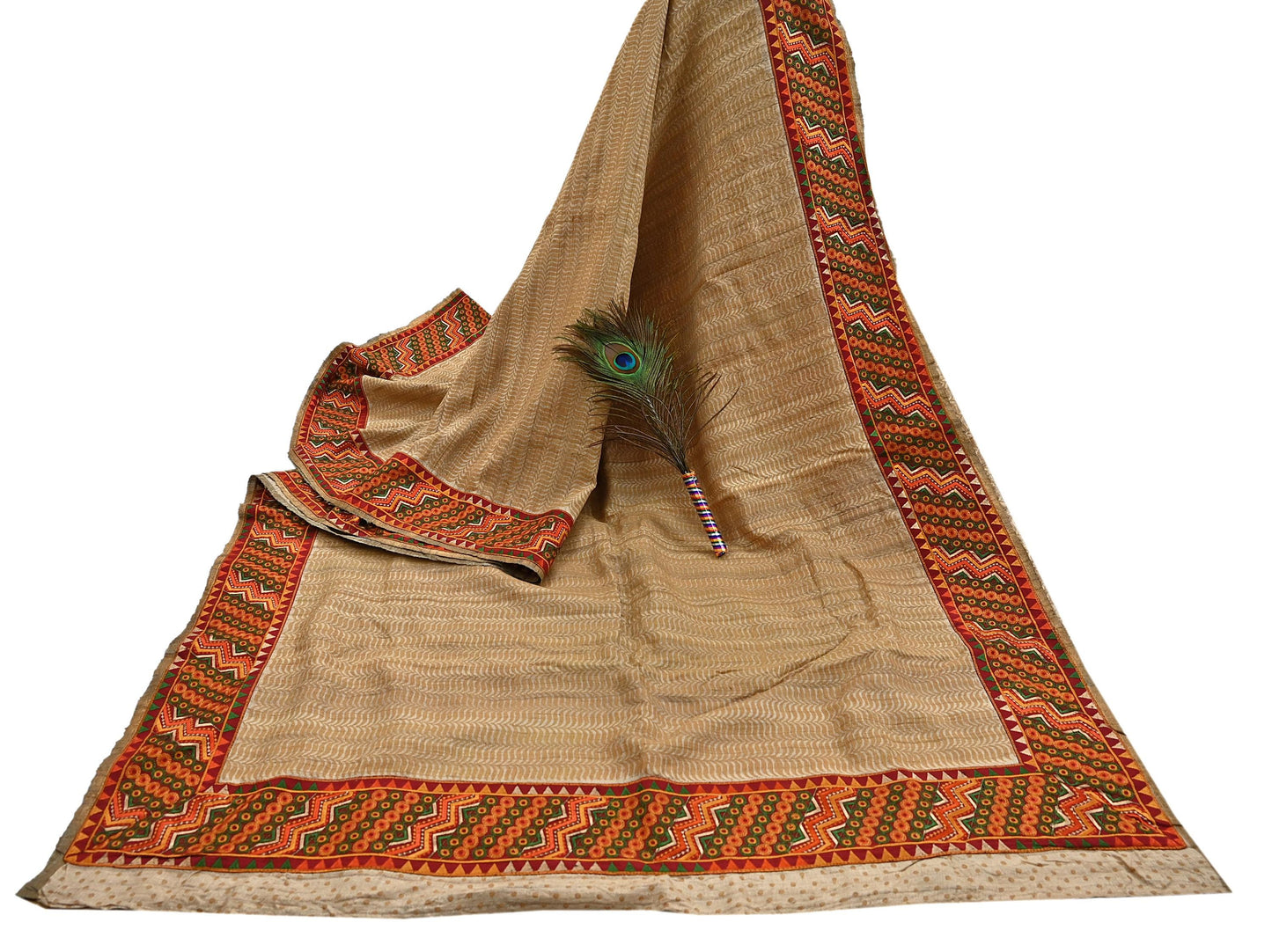 Indian Vintage Beige Saree Pure Khadi Silk Handloom Hand Beaded Sari Craft Fabric 5yd Ethnic Fringes Dress making Crafting Quilting