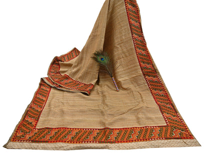 Indian Vintage Beige Saree Pure Khadi Silk Handloom Hand Beaded Sari Craft Fabric 5yd Ethnic Fringes Dress making Crafting Quilting