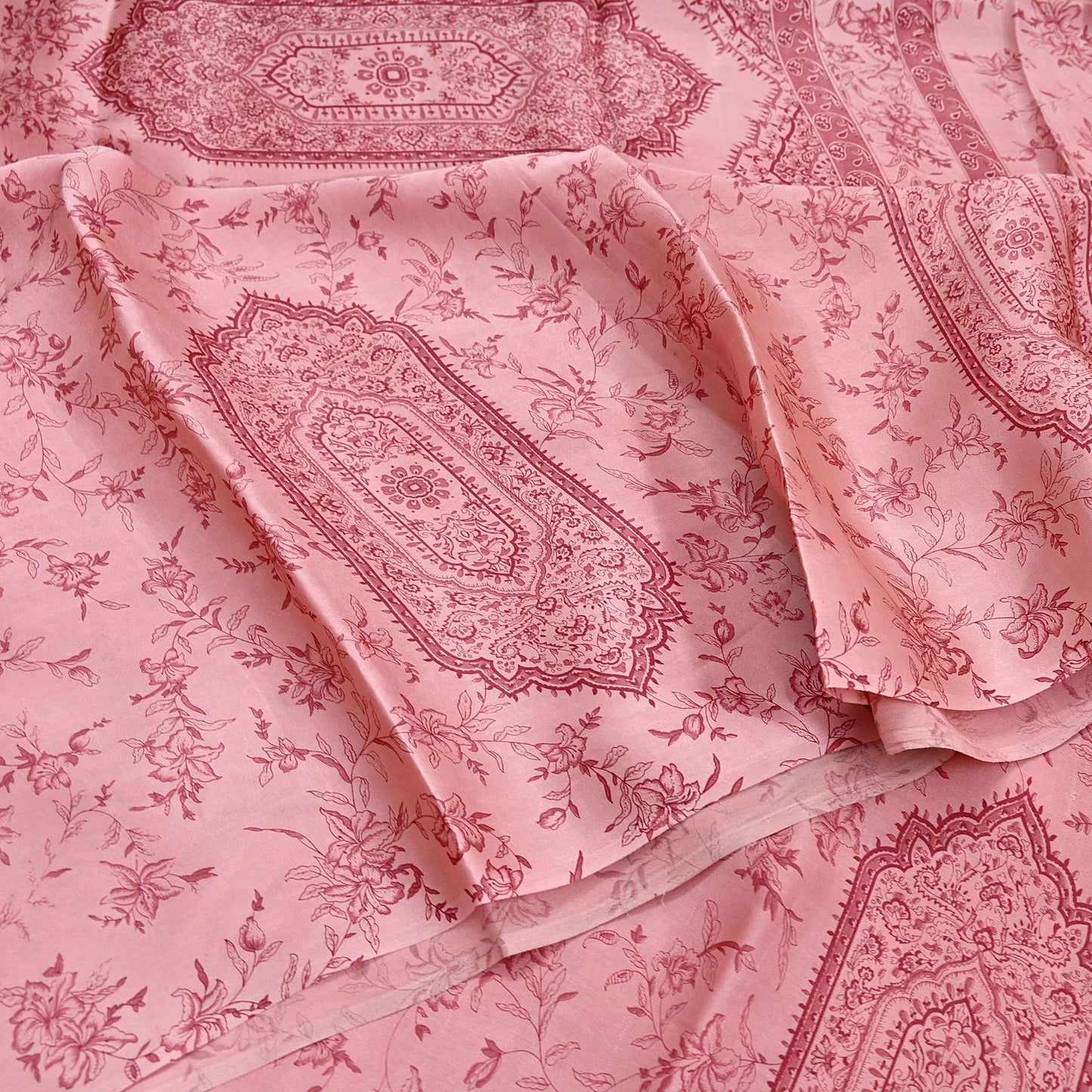 Indian Vintage Sari Peach Printed 100% Pure Satin Silk Sarees 5yd Sewing Craft Fabric Dress Making Wrap Upcycle Quilting Crafting