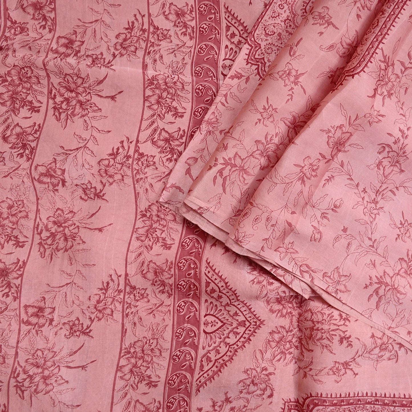 Indian Vintage Sari Peach Printed 100% Pure Satin Silk Sarees 5yd Sewing Craft Fabric Dress Making Wrap Upcycle Quilting Crafting
