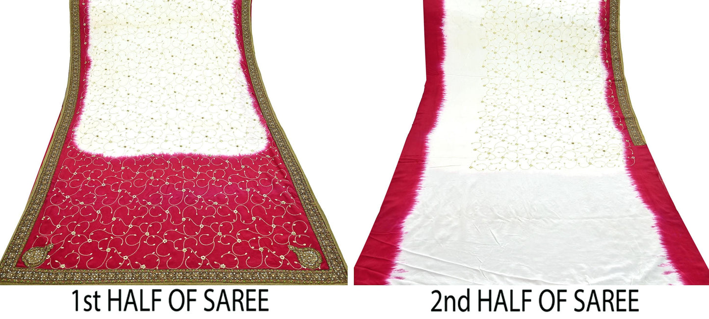 Indian Vintage Ivory & Red Saree Pure Crepe Silk Hand Embroidered Sari Craft Fabric 6Yd Sewing Soft Zari Dress making