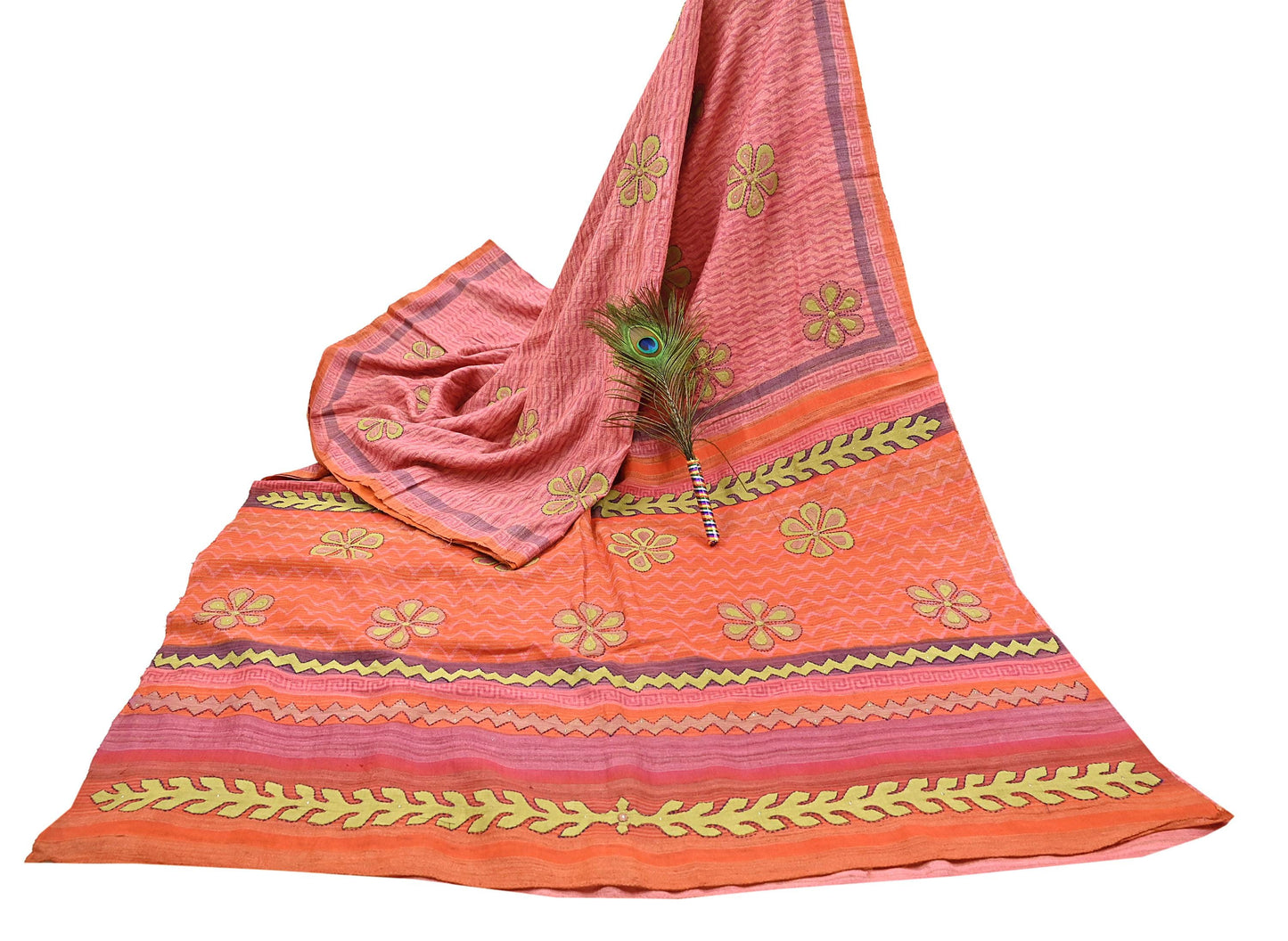 Indian Vintage Saree Peach & Orange Pure Khadi Silk Handloom Hand Beaded Sari Fabric 6yard Ethnic Dressmaking Crafting Upcycle Quilting
