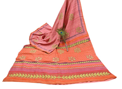 Indian Vintage Saree Peach & Orange Pure Khadi Silk Handloom Hand Beaded Sari Fabric 6yard Ethnic Dressmaking Crafting Upcycle Quilting