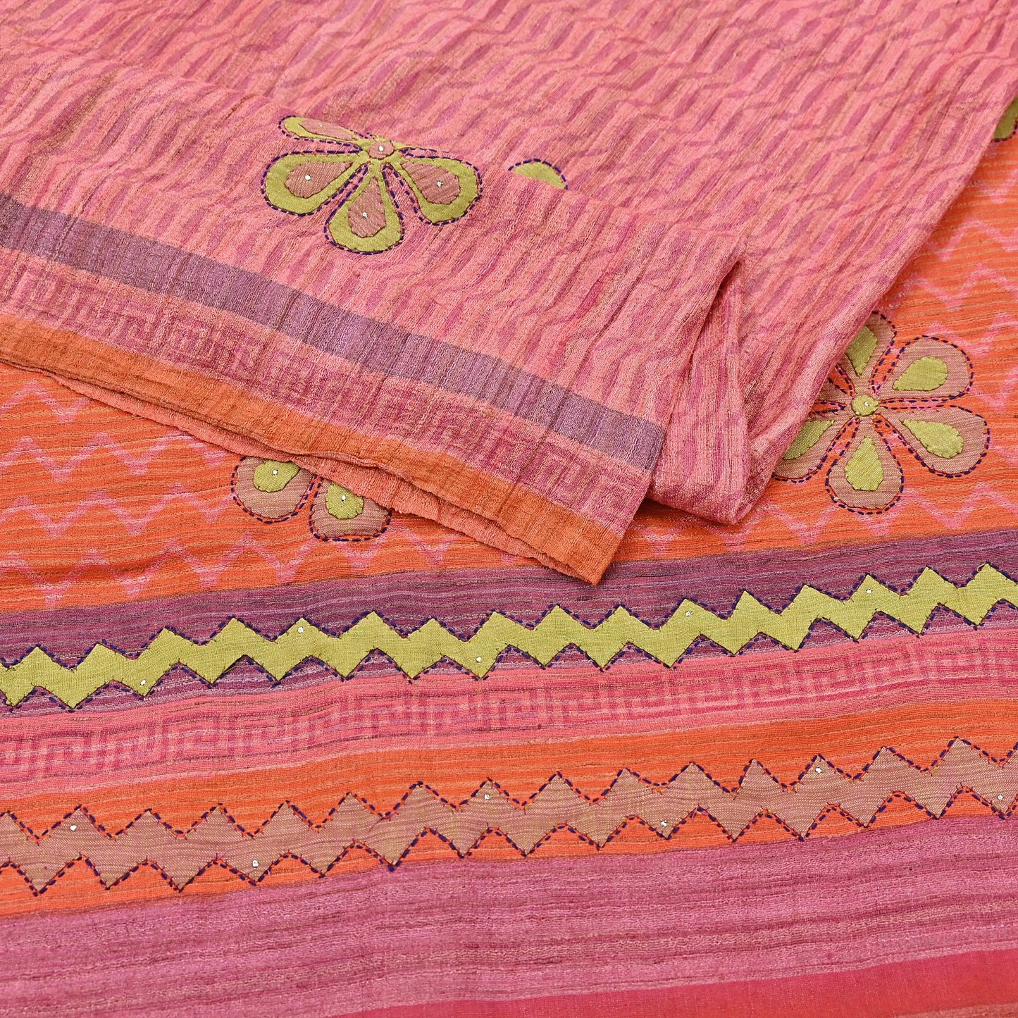 Indian Vintage Saree Peach & Orange Pure Khadi Silk Handloom Hand Beaded Sari Fabric 6yard Ethnic Dressmaking Crafting Upcycle Quilting